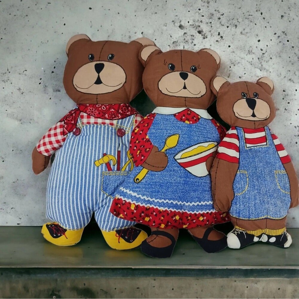 VTG 3 Little Bears Stuffed Animals Plush Lot Cut & Sew Fabric Panels Denim 1970